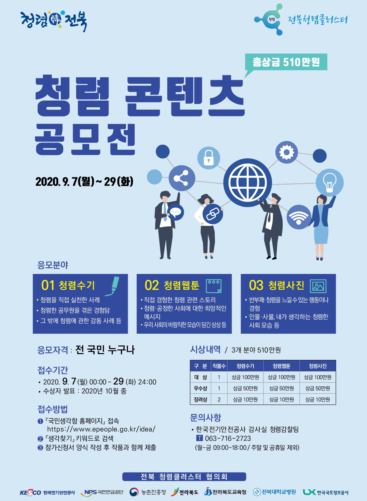 

	
		
			
				
					전북 청렴클러스터 주관 청렴콘텐츠 공모전 안내 이미지 입니다. 이 이미지에는 중요한 정보가 포함되어 있을 수 있습니다. 자세한 내용은 첨부파일이나 본문 내용을 참고해 주세요.
				
				
			
		
		
	
	