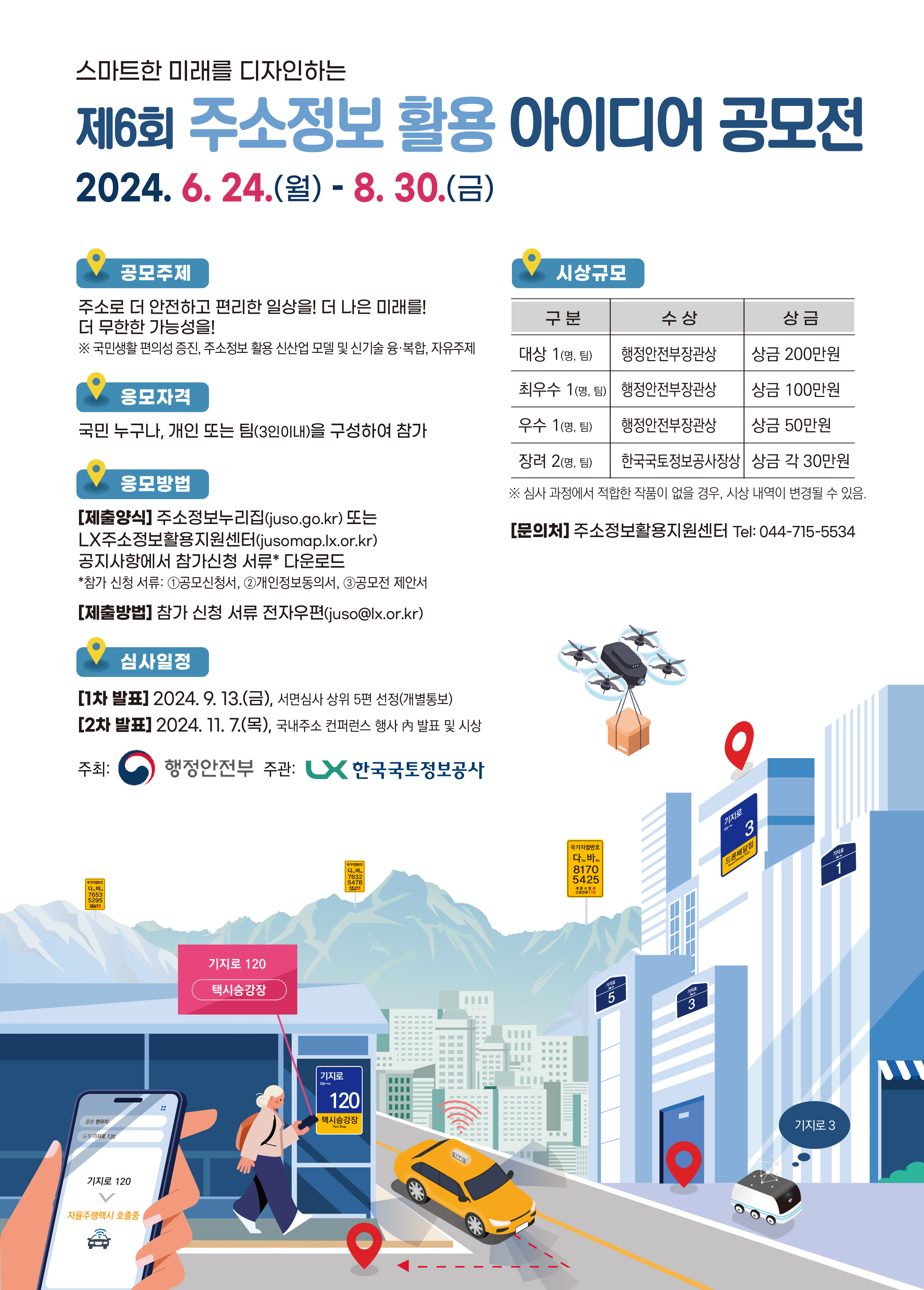 

	
		
		
			○ 포스터 제목 스마트한 미래를 디자인하는  제6회 주소정보 활용 아이디어 공모전 2024. 6. 24.(월) ~ 8. 30.(금)  ○ 공모주제 주소로 더 안전하고 편리한 일상을! 더 나은 미래를! 더 무한한 가능성을! ※ 국민생활 편의성 증진, 주소정보 활용 신산업 모델 및 신기술 융·복합, 자유주제  ○ 응모자격 국민 누구나, 개인 또는 팀(3인이내)을 구성하여 참가  ○ 응모방법 [제출양식] 주소정보누리집(juso.go.kr) 또는 LX주소정보활용지원센터(jusomap.lx.or.kr) 공지사항에서 참가신청 서류* 다운로드 *참가신청 서류: ？공모신청서, ？개인정보동의서, ？공모전 제안서 [제출방법] 참가신청 서류 전자우편(juso@lx.or.kr)으로 제출  ○ 심사일정 [1차 발표] 2024. 9. 13.(금), 서면심사 상위 5편 선정(개별통보) [2차 발표] 2024. 11. 7.(목), 국내주소 컨퍼런스 행사 內 발표 및 시상  ○ 시상규모 대상 1(행정안전부장관상 상금 200만 원) 최우수 1(행정안전부장관상 상금 100만 원) 우수 1(행정안전부장관상 상금 50만 원) 장려 2(한국국토정보공사장상 상금 각 30만 원)  ※ 심사 과정에서 적합한 작품이 없을 경우, 시상 내역이 변경될 수 있음 ○ 문의처 한국국토정보공사 주소정보활용지원센터 Tel. 044-715-5534
		
	
	